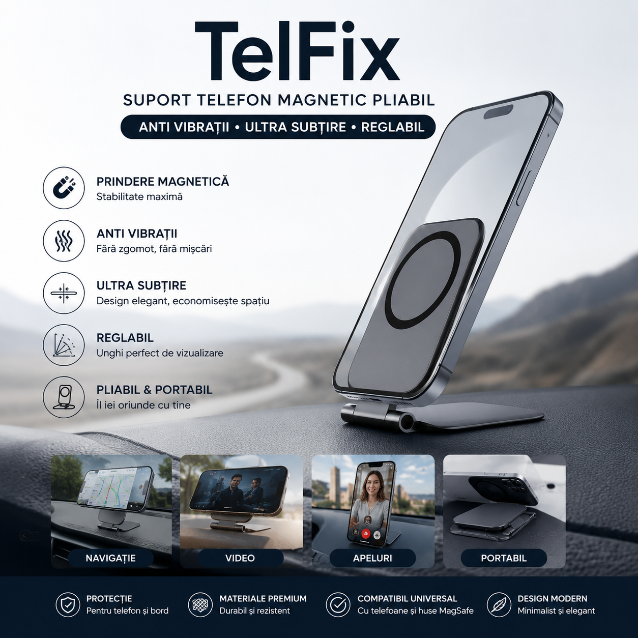 TelFix - Suport magnetic pentru telefon mobil ultra-subtire, pliabil, reglabil, anti-vibratii