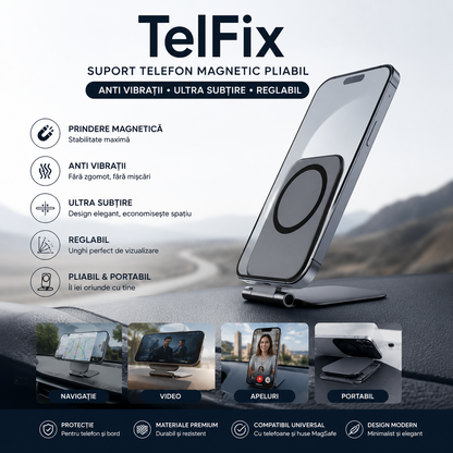 TelFix - Suport magnetic pentru telefon mobil ultra-subtire, pliabil, reglabil, anti-vibratii