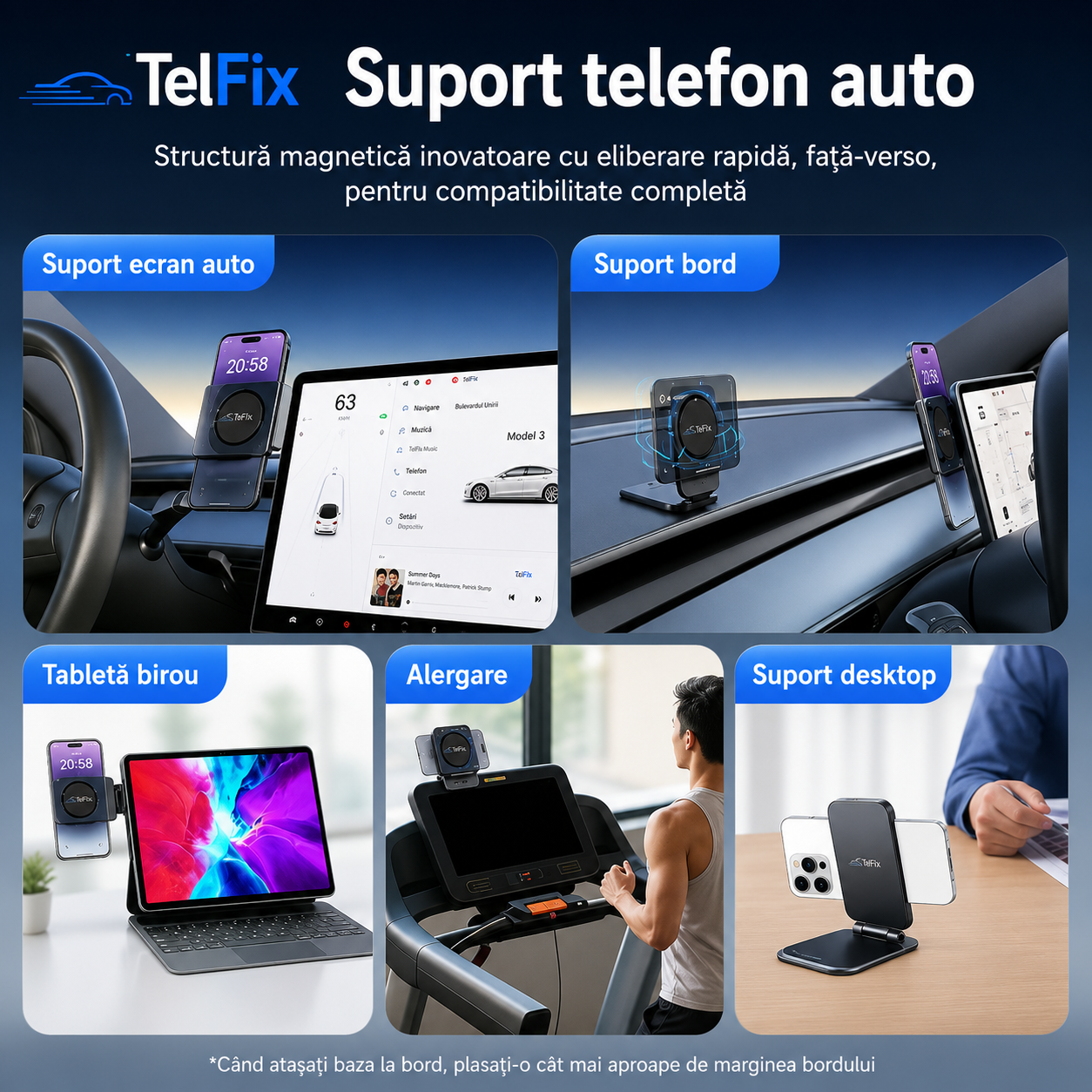 TelFix - Suport magnetic pentru telefon mobil ultra-subtire, pliabil, reglabil, anti-vibratii