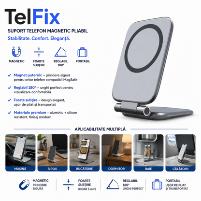 TelFix - Suport magnetic pentru telefon mobil ultra-subtire, pliabil, reglabil, anti-vibratii