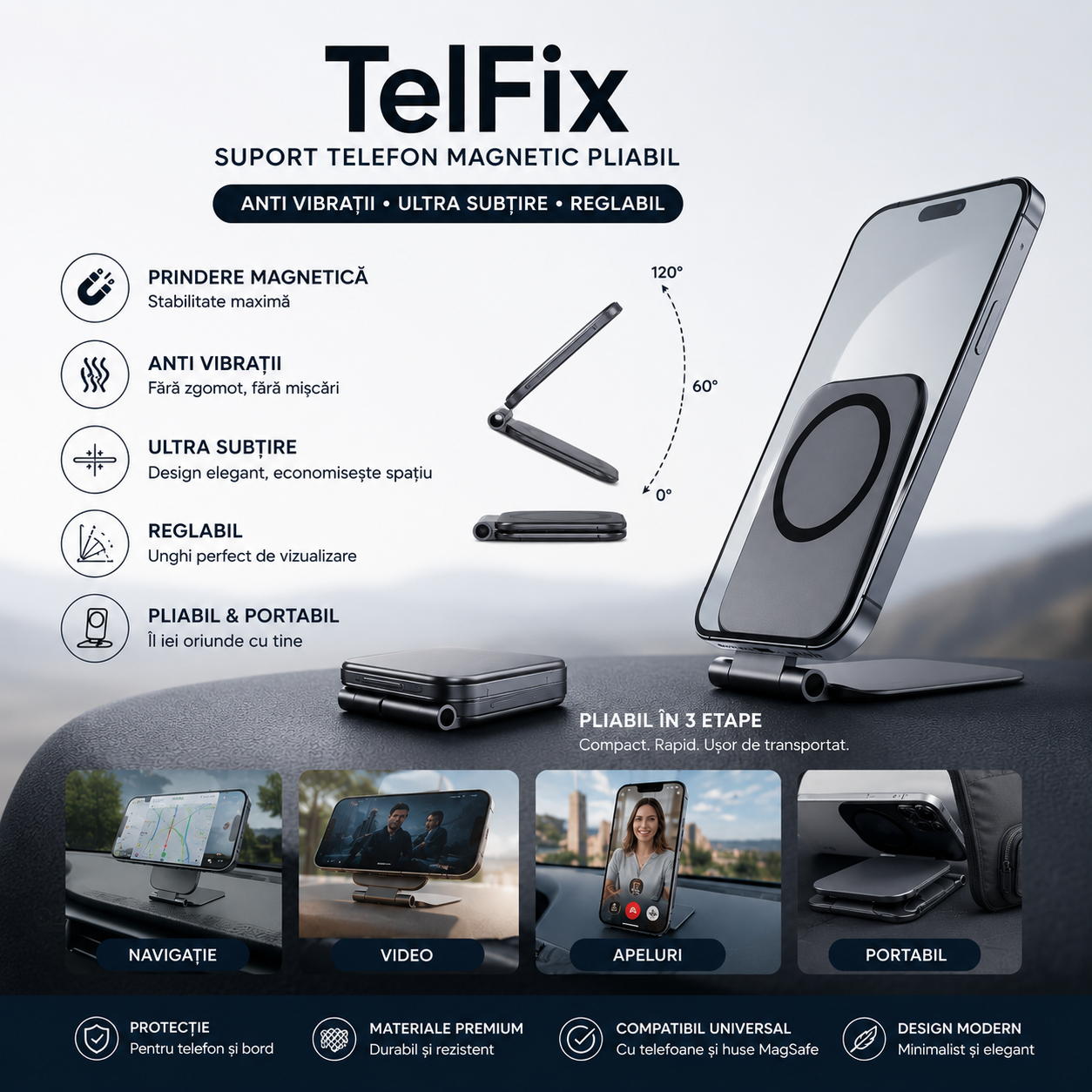 TelFix - Suport magnetic pentru telefon mobil ultra-subtire, pliabil, reglabil, anti-vibratii