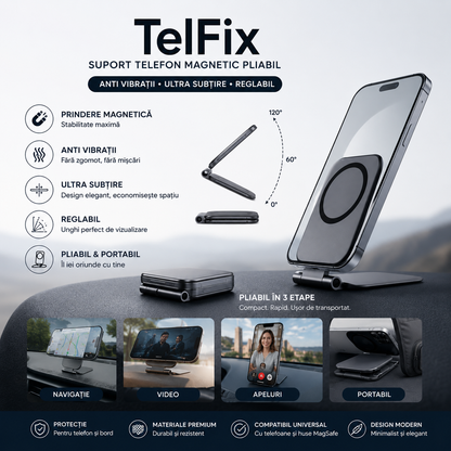 TelFix - Suport magnetic pentru telefon mobil ultra-subtire, pliabil, reglabil, anti-vibratii