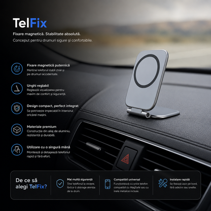 TelFix - Suport magnetic pentru telefon mobil ultra-subtire, pliabil, reglabil, anti-vibratii