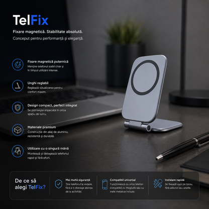 TelFix - Suport magnetic pentru telefon mobil ultra-subtire, pliabil, reglabil, anti-vibratii