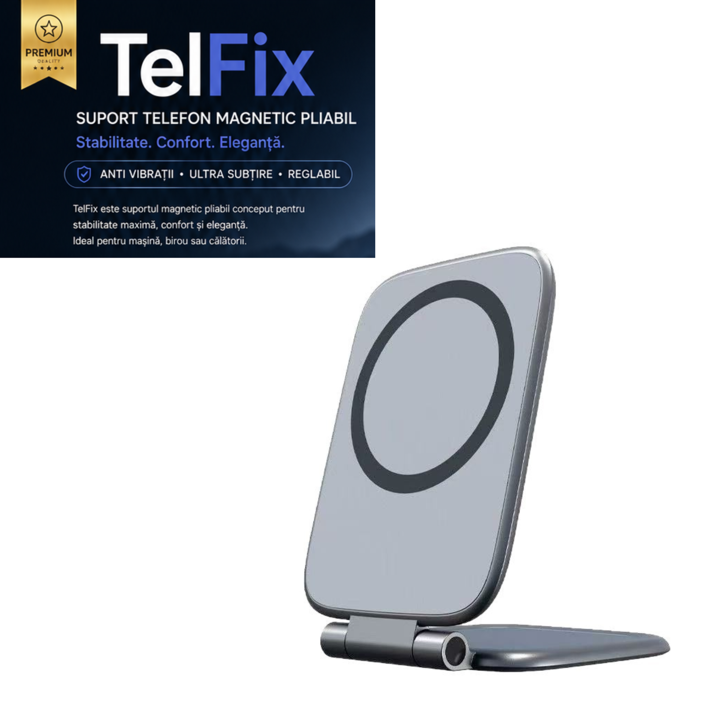 TelFix - Suport magnetic pentru telefon mobil ultra-subtire, pliabil, reglabil, anti-vibratii