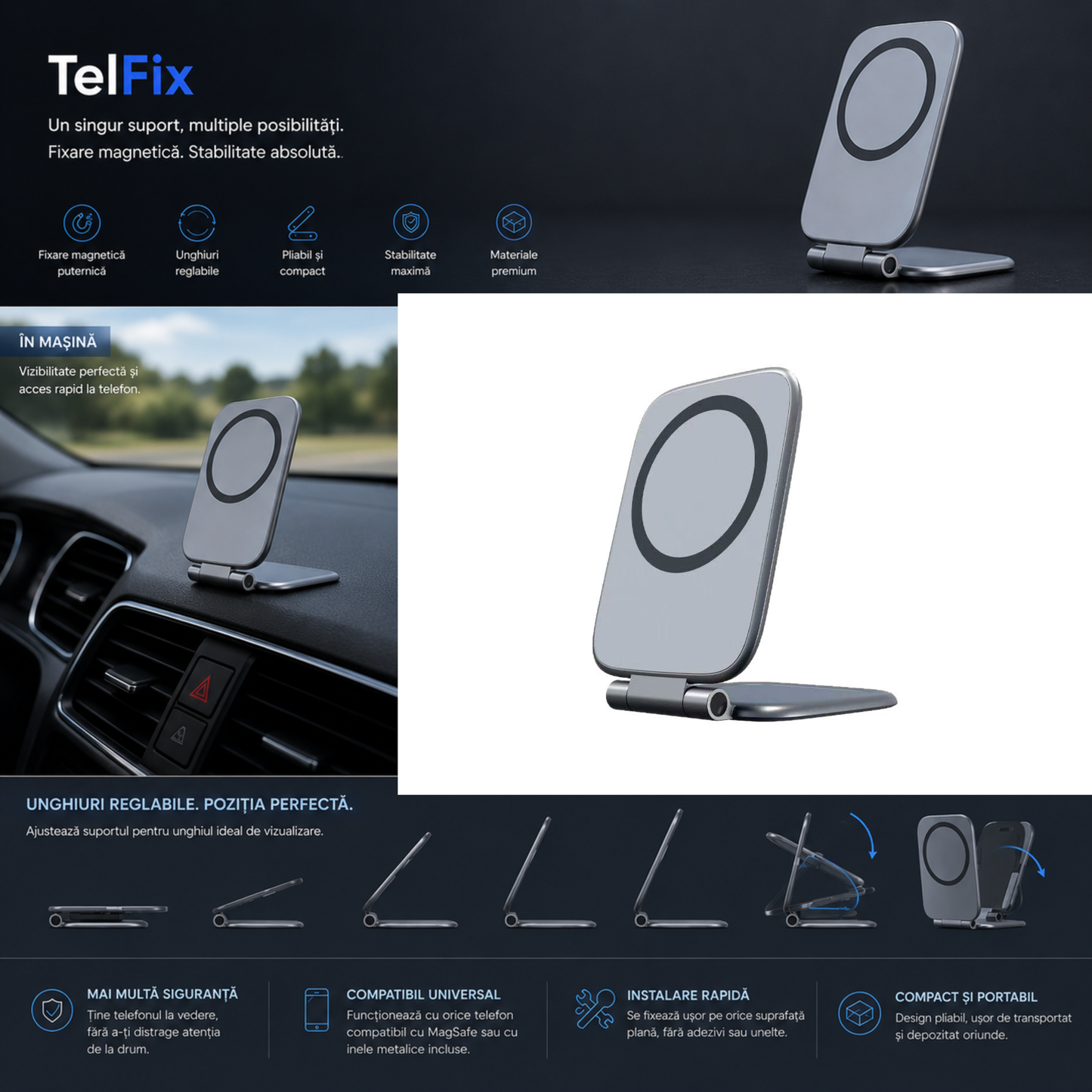 TelFix - Suport magnetic pentru telefon mobil ultra-subtire, pliabil, reglabil, anti-vibratii