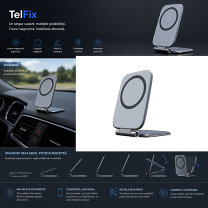 TelFix - Suport magnetic pentru telefon mobil ultra-subtire, pliabil, reglabil, anti-vibratii