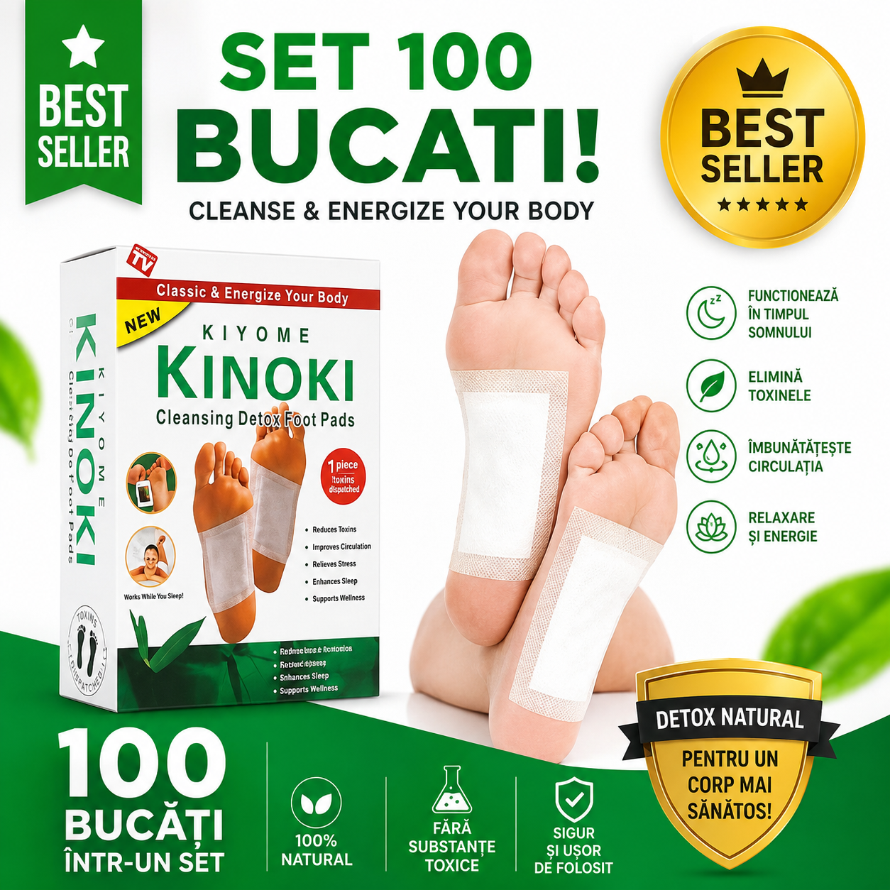 Kinoki - Set 100 Plasturi pentru Detoxifierea Organismului si Revitalizarea Corpului(10 pachete a cate 10 plasturi)
