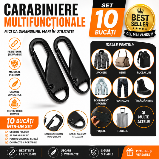 ZipGO - Pachet 10 Carabiniere Fermoar Metalice Multifuncționale
